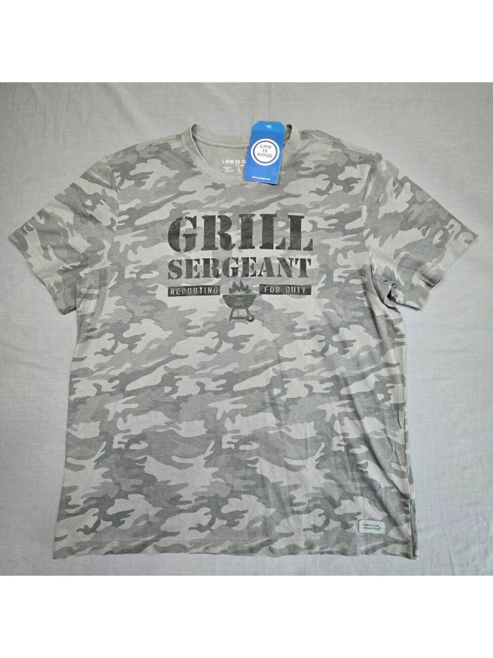 NEW Life Is Good Mens LG Crusher T-Shirt Gray Camo Grill Sergeant Short Sleeve